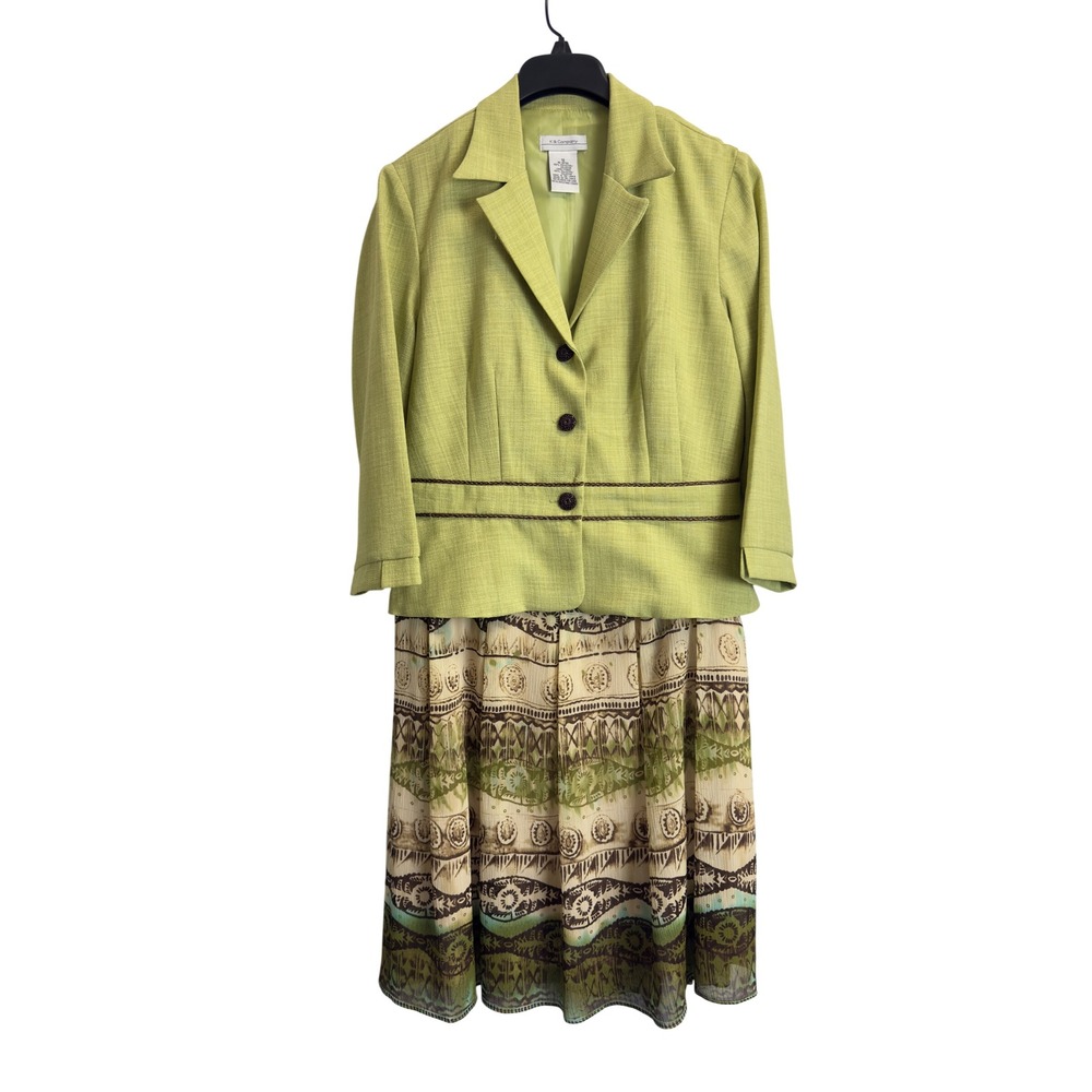 K& Company Lime Green Blazer and Patterned Skirt Set Size 12 Boho Professional